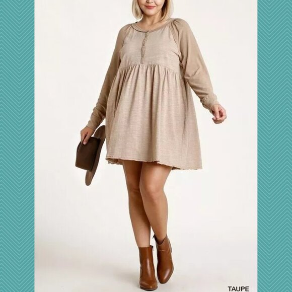 Umgee Beige 100% Cotton Popover Babydoll Tunic Dress - Picture 1 of 7